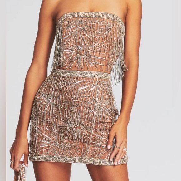 Retrofete Dresses & Skirts - Retrofete NEW Dixie Sequin Fringe Dress In Silver Nude Size S